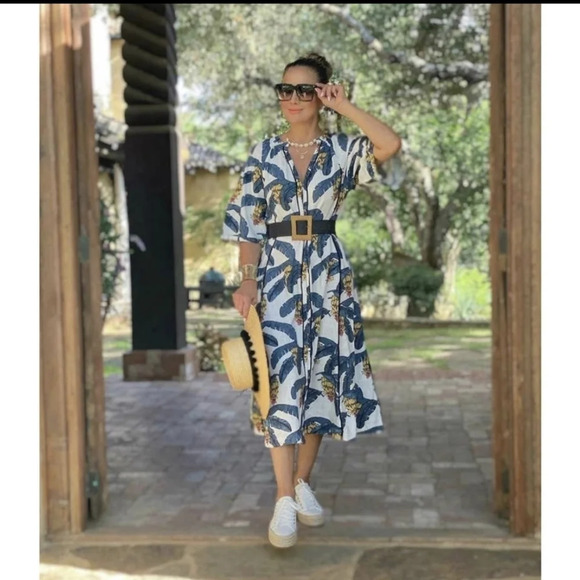 DESMOND & DEMPSEY H&M S Linen-Blend Kaftan Midi Belted Button Up Tropical Dress - Picture 7 of 16